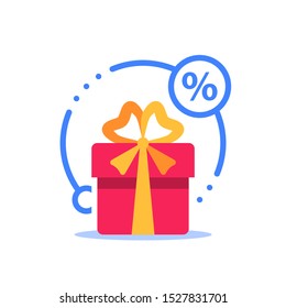 Surprise box, special reward, prize giveaway, loyalty present, percentage sign, incentive or perks, bonus program, creative idea, vector flat design illustration