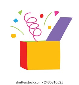 Surprise box toy with confetti. Flat vector illustration.