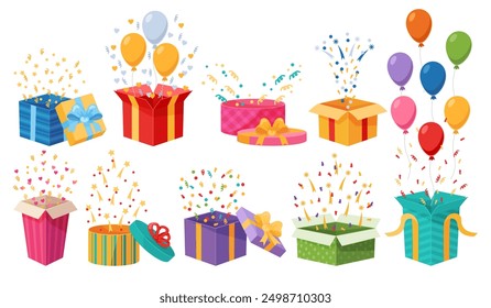 Surprise boxes with confetti. Sudden joy. Birthday celebration. Holiday gifts in decorative wrappers. Prize opening. Festive balloons. Anniversary party elements. Recent
