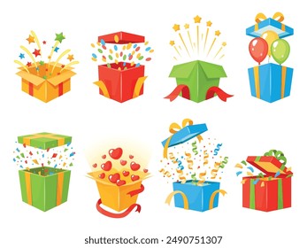 Surprise boxes. Open bright cardboard containers with color confetti, stars and hearts, gift paper packing, present wrapping, colorful balloons, cartoon flat style isolated vector set