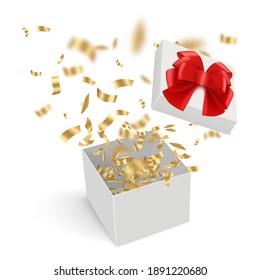 Surprise boxes. Opened gift cardboard containers with explode confetti ribbons decent vector realistic template