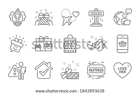 Surprise boxes, Present and Clown line icons set. Honeymoon travel, Love her and Smile signs. Shopping bag, Attraction and Fastpass symbols. Gift, Smartphone buying and Santa boots. Vector
