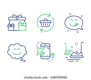 Surprise boxes, Smile chat and Refresh cart line icons set. Flight destination, Yummy smile and Bumper cars signs. Holiday gifts, Happy face, Online shopping. Airplane trip. Holidays set. Vector