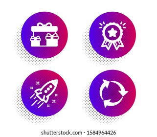 Surprise boxes, Startup rocket and Loyalty award icons simple set. Halftone dots button. Recycle sign. Holiday gifts, Business innovation, Bonus medal. Recycling waste. Business set. Vector