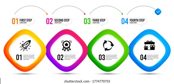 Surprise boxes, Startup rocket and Loyalty award icons simple set. Timeline infographic. Recycle sign. Holiday gifts, Business innovation, Bonus medal. Recycling waste. Business set. Vector