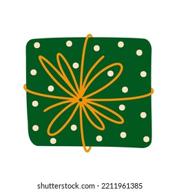 Surprise bright green gift box vector icon. Present for Christmas, birthday. Polka dot packaging wrapped with a gold ribbon, with a bow. Flat clipart isolated on white. Illustration for cards, print