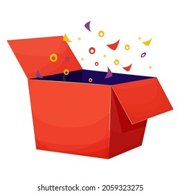 Surprise cardboard open present box, prize or reward in cartoon style isolated on white background. Promotion, lucky bonus.