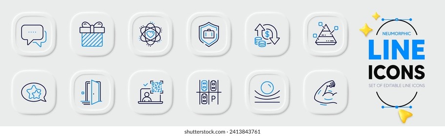 Surprise, Change money and Parking place line icons for web app. Pack of Qr code, Elastic material, Strong arm pictogram icons. Star, Door, Atom signs. Message, Pyramid chart, Luggage protect. Vector