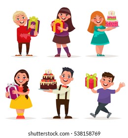 Surprise for children. Boys and girls with gifts and birthday cakes. A set of characters on a white background. Vector illustration in cartoon style