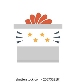 Surprise christmas gift or present vector icon consist of open cube box, ribbon bow. Decorative object for celebration in event i.e. merry christmas, holiday, happy new year in december, winter season