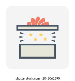 Surprise christmas gift or present vector icon consist of open cube box, ribbon bow. Decorative object for celebration in event i.e. merry christmas, holiday, happy new year in december, winter season