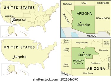 Surprise city location on USA, Arizona state and Maricopa county map