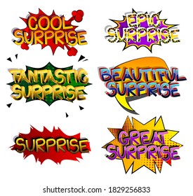 Surprise Comic book style cartoon words on abstract comics background.