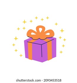 Concepto sorprendente. Caja de regalo con arco rodeado de chispas. Ilustración plana vectorial aislada en blanco.