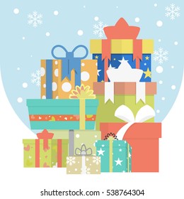 Surprise concept. gift box on white table. colorful gifts box. Big pile of colorful wrapped gift boxes. Vector set of different gift boxes