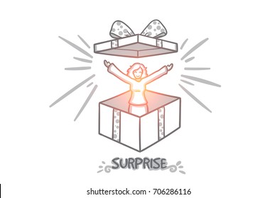 Surprise concept. Hand drawn woman jumping from present box. Big gift box isolated vector illustration.