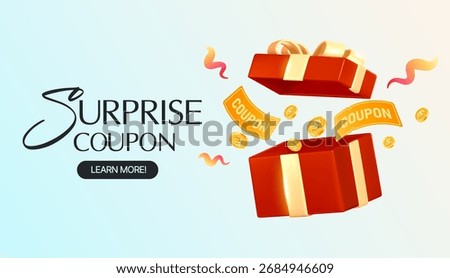 Surprise coupon with gift boxes, golden ribbons, flying vouchers, coins, and colorful confetti, perfect for sales, discounts, and special offers advertising. 3d vector illustration