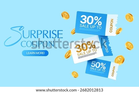 Surprise coupon vector design with floating vouchers, golden coins, and discount offers up to 50% on a light blue background, perfect for promotions and e-commerce marketing. 3d vector illustration