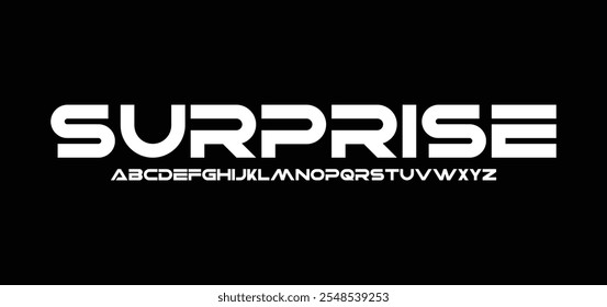 Surpresa, Criativa simples fonte do alfabeto urbano moderno. Abstrato digital futurista, logotipo, música, esporte, tipografia de tecnologia mínima. Ilustração de vetor numérico simples

