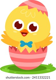 Surprise Cute Yellow Chick Cartoon Character Out Of An Egg Shell. Vector Illustration Flat Design Isolated On Transparent Background