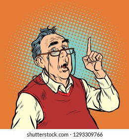 surprise elderly man with glasses attention gesture index finger up. Pop art retro vector illustration vintage kitsch