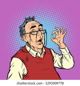 surprise elderly man with glasses okay gesture. Pop art retro vector illustration vintage kitsch