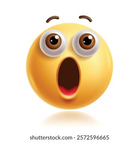 Surprise emoji clipart 3d character. Emoji face character in shocked, wow, amazed, astonished, startled and curious facial expression with open mouth and big eyes graphic elements. Vector illustration