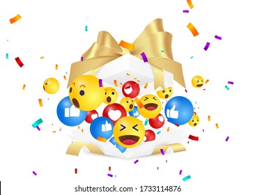 Surprise emoji and confetti. Emoticon out of an surprise gift box