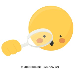 Surprise emoji face with a magnifying glass in hand, over eye. Cute yellow emoticon holding a hand lens, amazed open mouth, very attentive and surprised. Explorer, detective, inspector character