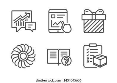 Surprise, Fan engine and Internet report icons simple set. Accounting, Help and Parcel checklist signs. Present with bow, Ventilator. Business set. Line surprise icon. Editable stroke. Vector