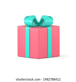 Surprise gift 3d packaging vector icon. Pink box with green bow and festive ribbons. Expensive shopping present for celebrating birthday and anniversary significant event template.