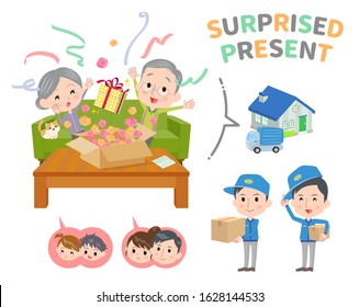 A surprise gift arrives at the home of an elderly couple.It's vector art so it's easy to edit.
