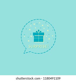 Surprise gift box in balloon icon or greeting holiday card. Flat design. Vector background