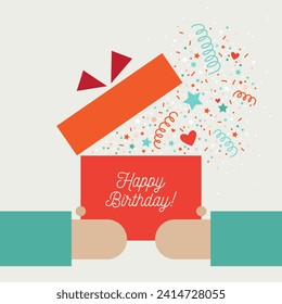 Surprise gift box. Birthday card. 
Illustration of the gift box in the human hands with confetti