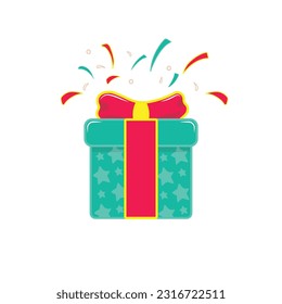 surprise gift box, birthday celebration, special give away package, loyalty program reward, wonder gift with exclamation mark, vector icon, flat illustration by wordspotrayal