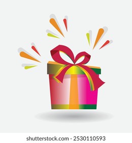 surprise gift box, birthday celebration, special give away package, loyalty program reward, wonder gift with exclamation mark, vector icon, flat illustration