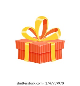 Surprise gift box or birthday present cartoon vector illustration. Colorful flat square giftbox with red wrapping paper, yellow ribbon and cute bow. Birthday gift design or surprise party decoration.