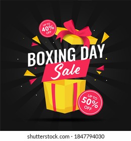 Surprise Gift Box Of Boxing Day Sale With Best Discount Offers On Black Rays Background. Advertising Poster Design.