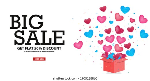 Surprise Gift Box or Cardboard box Open Balloon Heart and Confetti Floating White Background. valentine's day design. Valentines day store discount promotion 