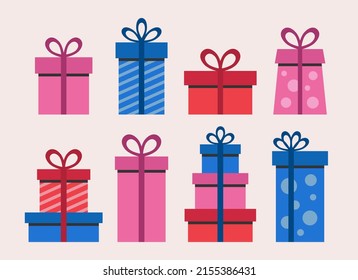 Surprise gift box collection with bows and ribbons. Vector illustration.