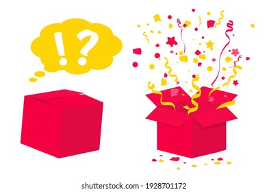 Surprise gift box. Surprise box with confetti and ribbons for ui, web, print design etc. Packaging surprise, open and closed paper box, emotional present, unusual gift idea concept. Birthday present