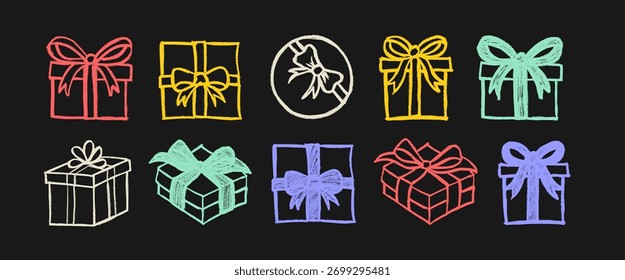 Surprise Gift Box Crayon Chalk Drawing Doodle Vector Set