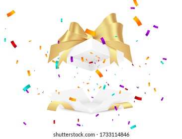 Caja de regalo sorpresa. Caída de la ilustración vectorial de confeti.