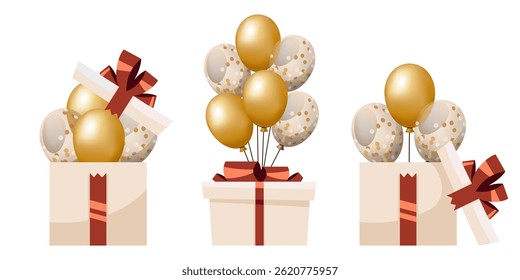 Caixa de presente surpresa com balões de ouro voador conjunto de vetor. Cartoon brilhante festivo presente caso com arco e confete para festa, aniversário, feriado de celebração. Elementos isolados do vetor