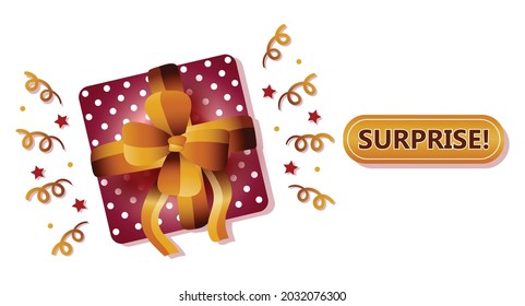 Surprise gift box. Holiday present. Prize to winner. Cardboard packaging decorated striped ribbon bow. Birthday or Christmas festive congratulation, win award, sale, free giveaway, lottery. Vector