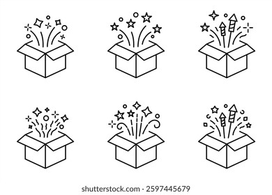 Surprise gift box icon sheet. Magic box icons collection. Icons sheet containing firework for gift box, party, surprise, element, web. Vector illustration. Line icon editable stroke EPS 10