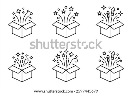 Surprise gift box icon sheet. Magic box icons collection. Icons sheet containing firework for gift box, party, surprise, element, web. Vector illustration. Line icon editable stroke EPS 10