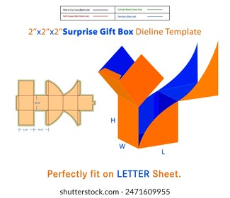 Caja de regalo sorpresa L 2x W 2x H 2 Pulgadas Plantilla Dieline. Un cuadro es un contenedor con una estructura tridimensional que se utiliza para almacenar, proteger y transportar elementos.