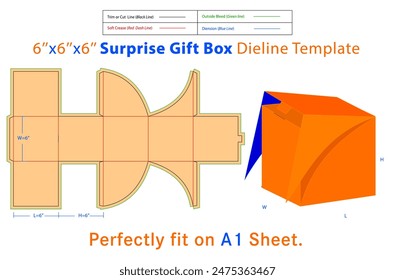 Caja de regalo sorpresa L 6x W 6x H 6 pulgadas Plantilla Dieline. Un cuadro es un contenedor con una estructura tridimensional que se utiliza para almacenar, proteger y transportar elementos.