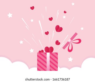 Surprise gift box on pastel pink background for Valentine's day, love season. Open gift box with ribbon, red heart, stars, cloud. Romantic surprise in a box. Vector illustration. flat design